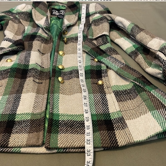 EUC Me Jane green plaid Jacket belted w/ pockets, gold buttons , coat - Picture 7 of 8